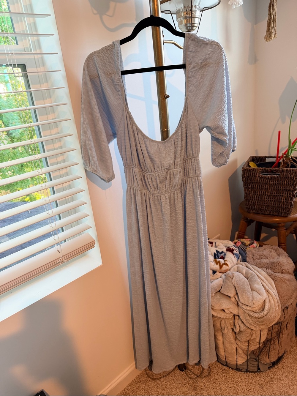 Velvet Torch Light Blue Maxi Dress with Scoop Back and Puff Sleeves